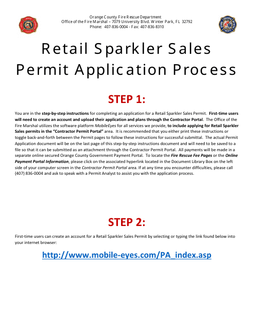 Pyrotechnics - Sparklers Retail Sales Permit Application - Orange County, Florida Download Pdf