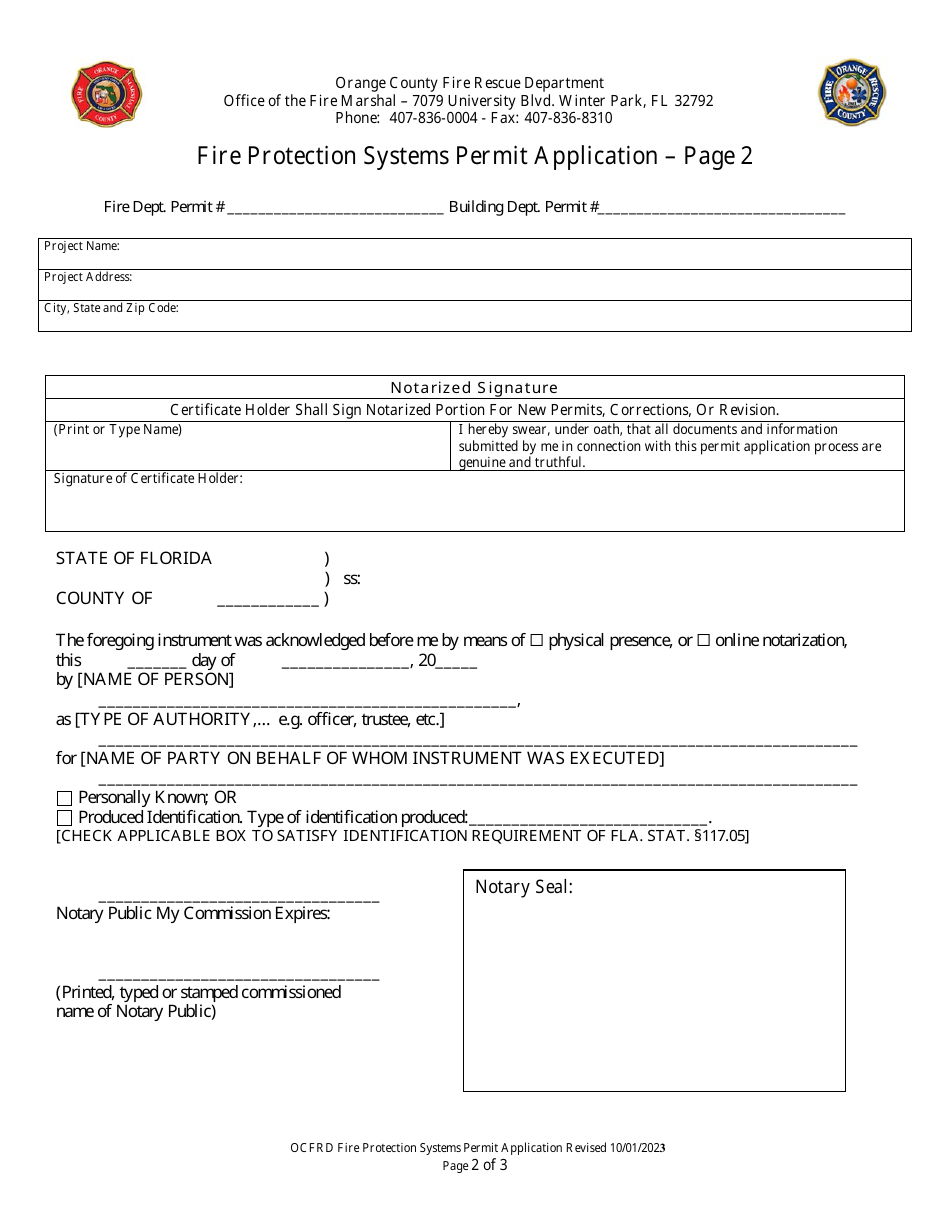 Fire Protection Systems Permit Application - Orange County, Florida, Page 3