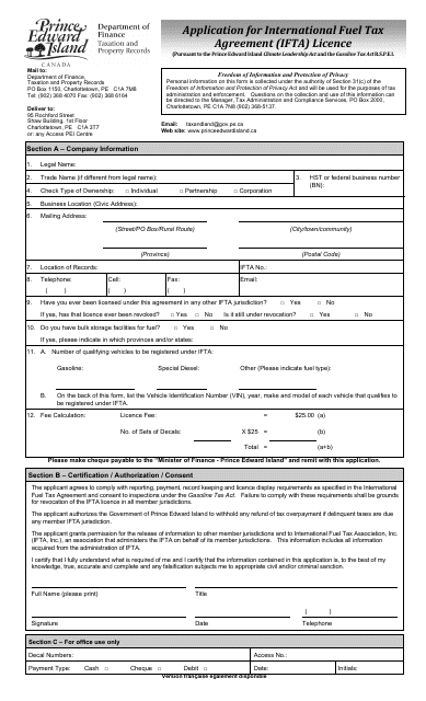 Application for International Fuel Tax Agreement (Ifta) Licence - Prince Edward Island, Canada Download Pdf