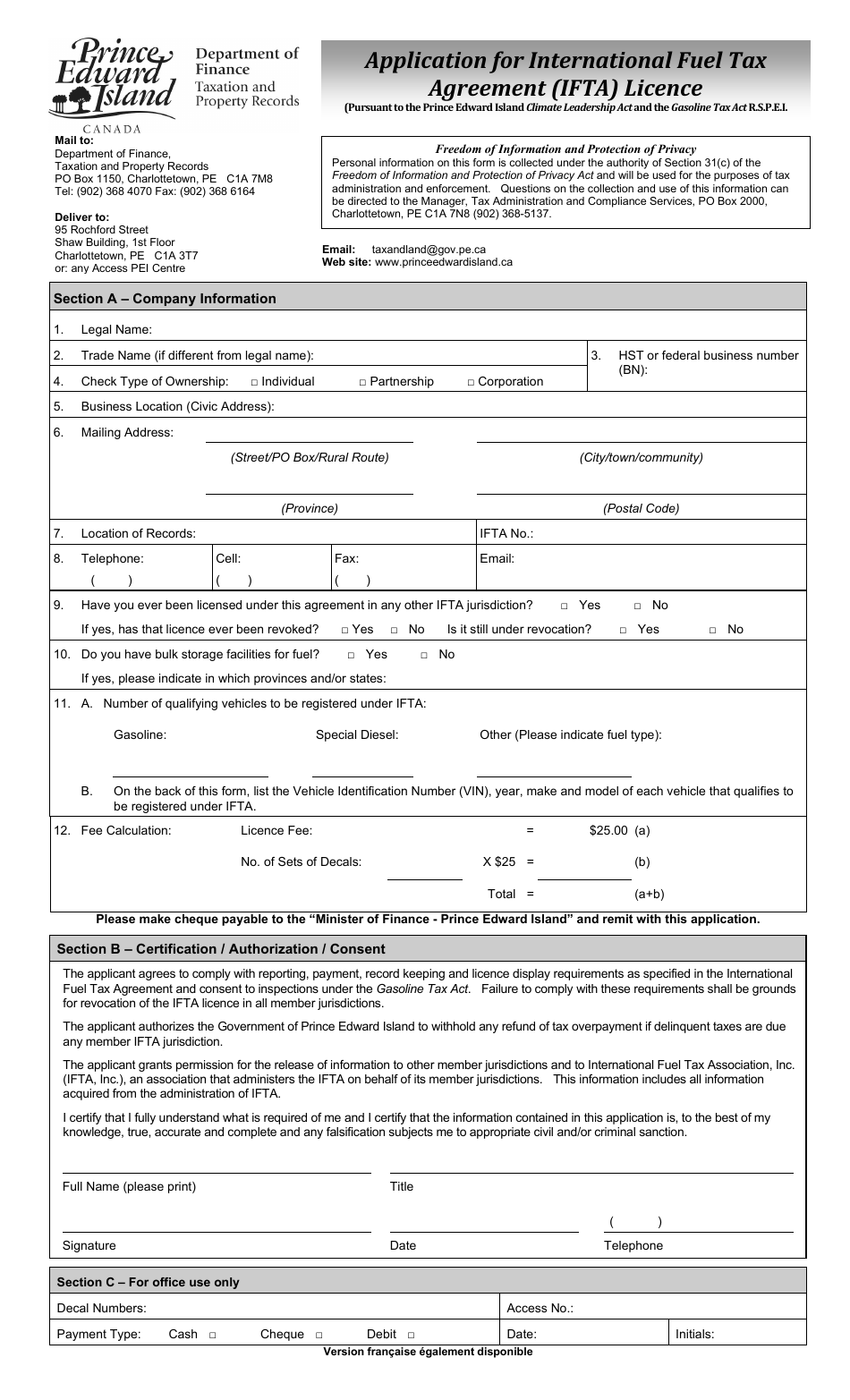 Application for International Fuel Tax Agreement (Ifta) Licence - Prince Edward Island, Canada, Page 1