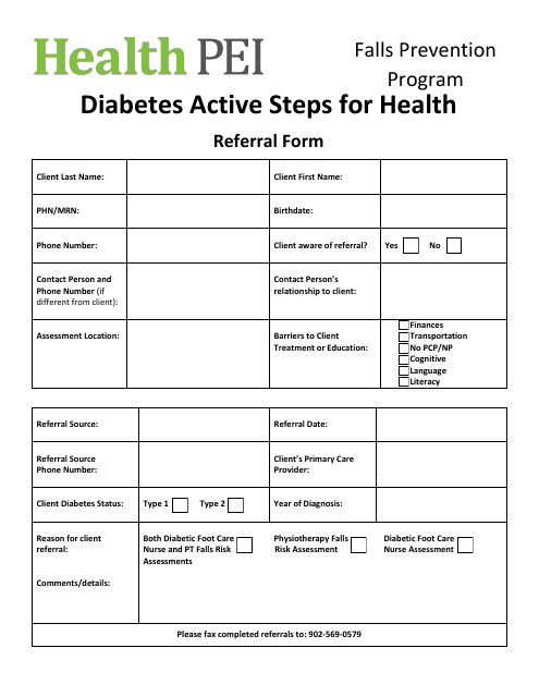 Diabetes Active Steps for Health Referral Form - Falls Prevention Program - Prince Edward Island, Canada Download Pdf