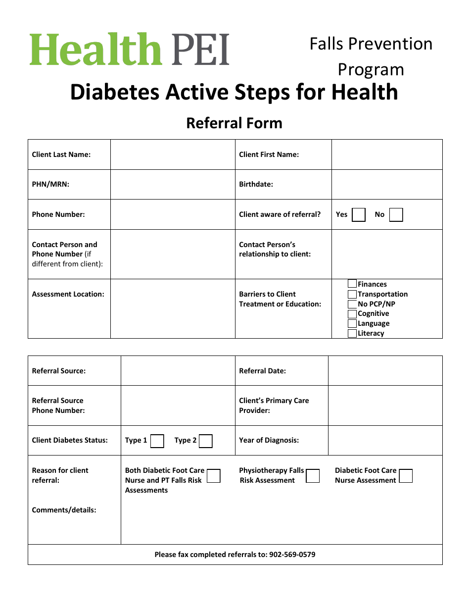 Diabetes Active Steps for Health Referral Form - Falls Prevention Program - Prince Edward Island, Canada, Page 1