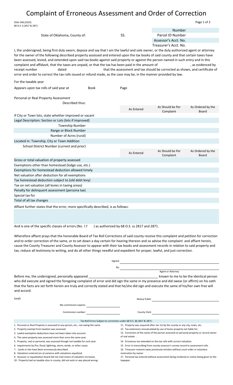 OSAI Form 348 Complaint of Erroneous Assessment and Order of Correction - Oklahoma, Page 1