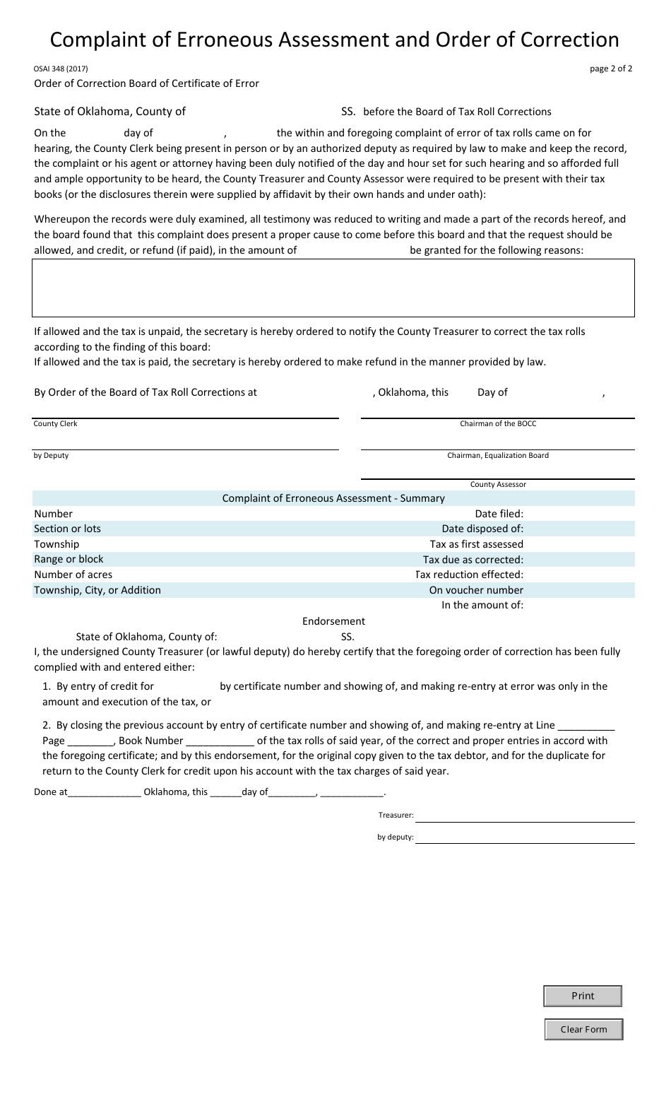 OSAI Form 348 Complaint of Erroneous Assessment and Order of Correction - Oklahoma, Page 2