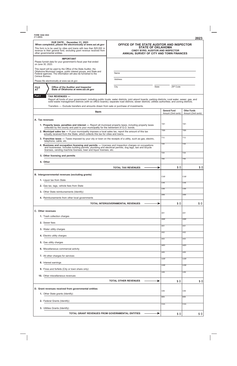 Form SAI2644 Annual Survey of City and Town Finances - Oklahoma, Page 1