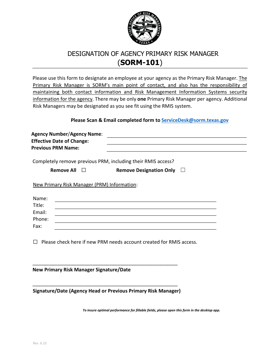 Form SORM-101 Designation of Agency Primary Risk Manager - Texas, Page 1