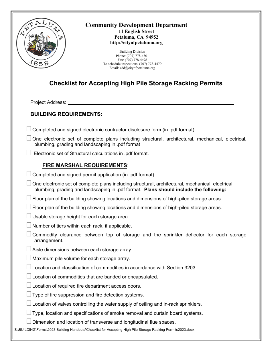 Checklist for Accepting High Pile Storage Racking Permits - City of Petaluma, California, Page 1