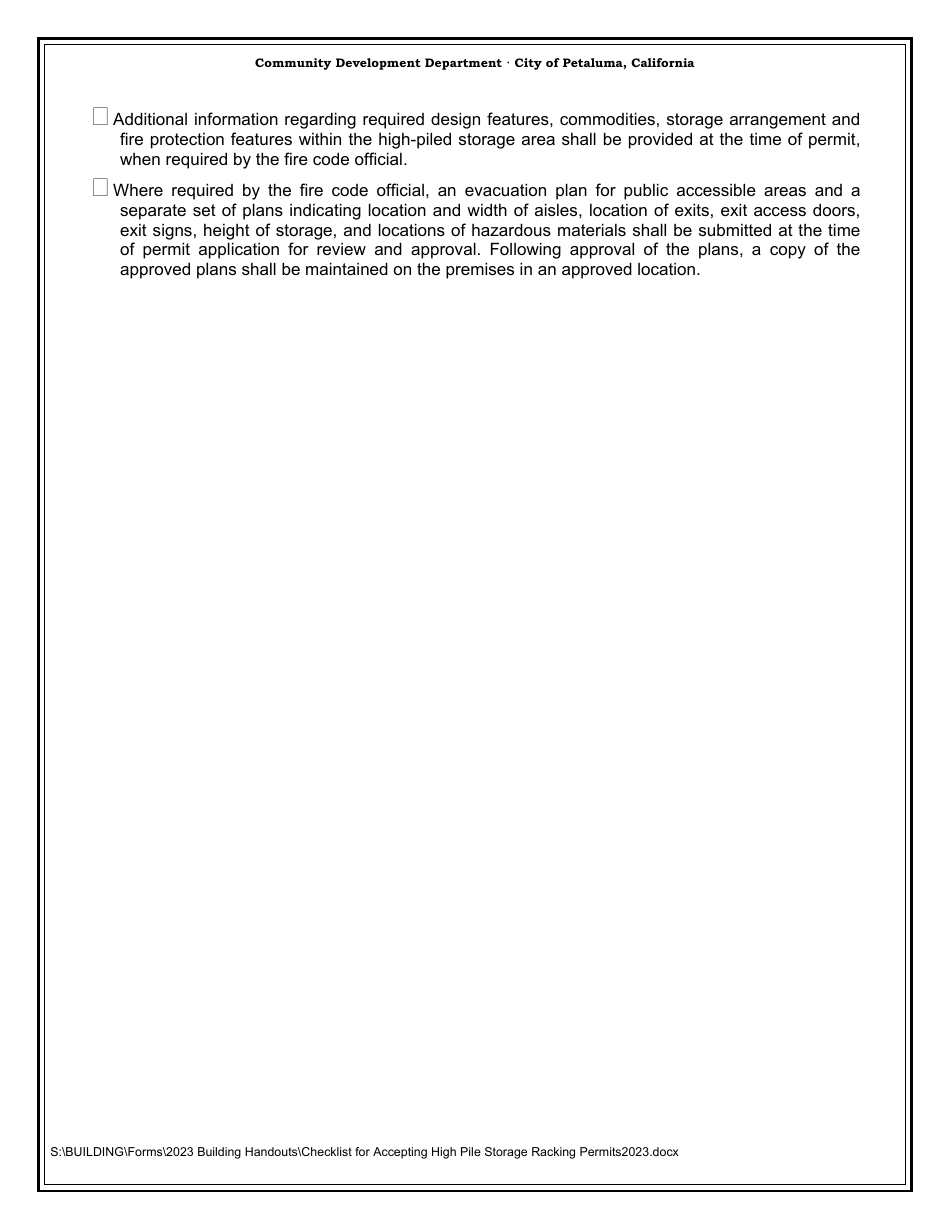 Checklist for Accepting High Pile Storage Racking Permits - City of Petaluma, California, Page 2