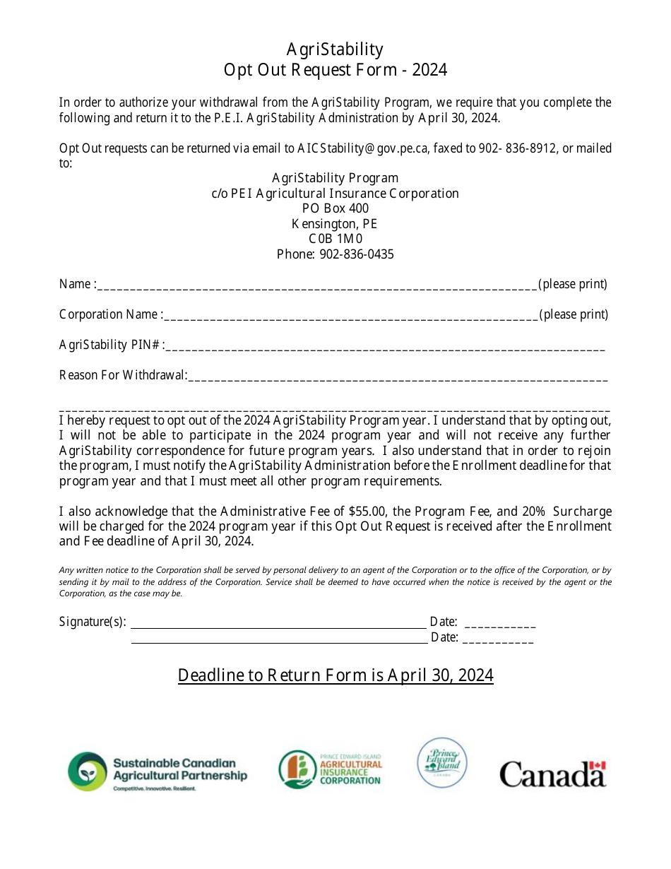 Opt out Request Form - Pei Agristability Program - Prince Edward Island, Canada, Page 1
