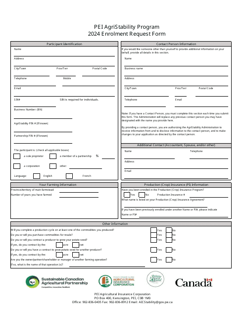 Enrolment Request Form - Pei Agristability Program - Prince Edward Island, Canada Download Pdf