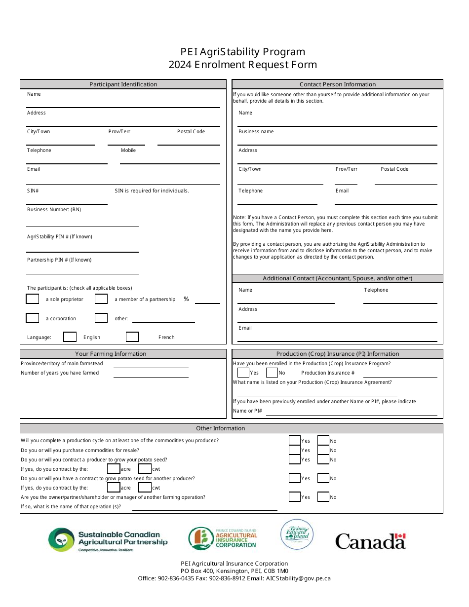 Enrolment Request Form - Pei Agristability Program - Prince Edward Island, Canada, Page 1