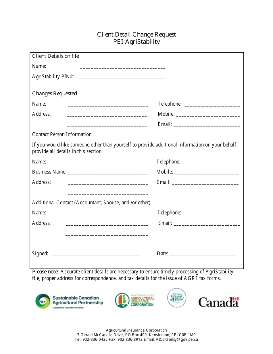 Client Detail Change Request - Pei Agristability Program - Prince Edward Island, Canada, Page 1