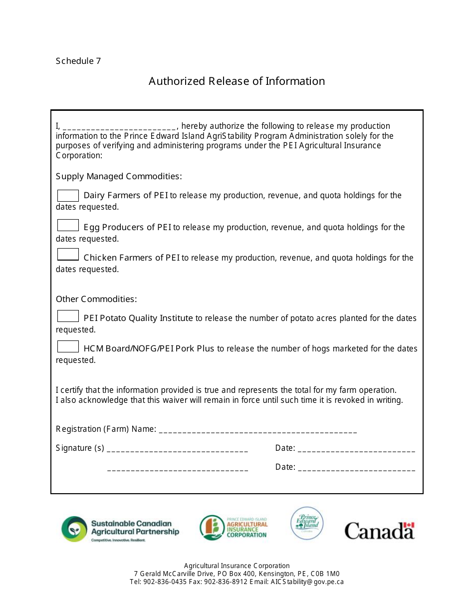 Schedule 7 Authorized Release of Information - Pei Agristability Program - Prince Edward Island, Canada, Page 1