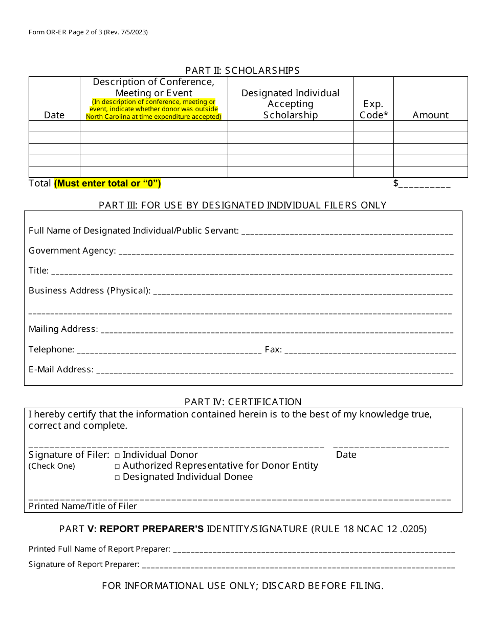 Form OR-ER Reportable Expenditures Made by Persons Exempted or Otherwise Not Covered by G.s. 120c - North Carolina, Page 2