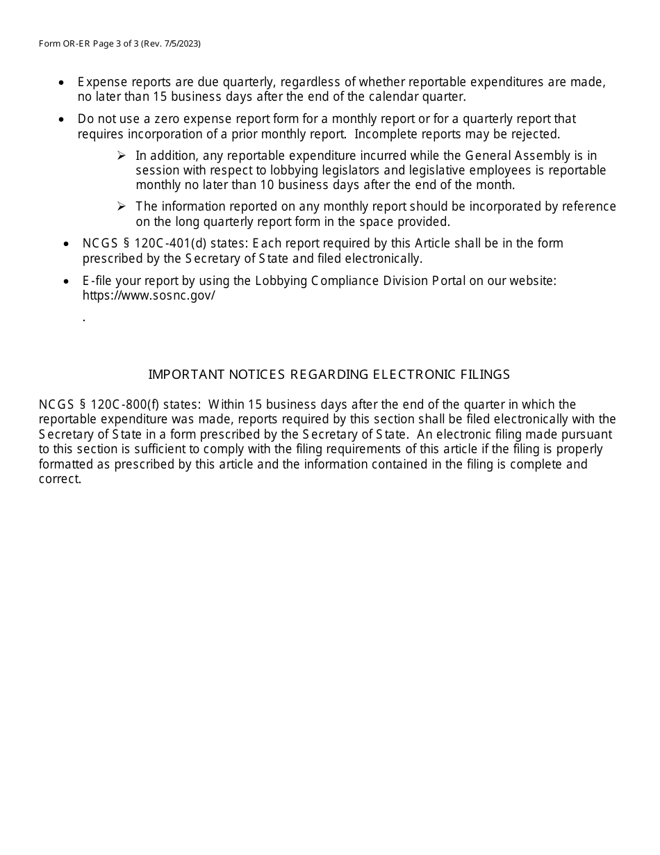 Form OR-ER Reportable Expenditures Made by Persons Exempted or Otherwise Not Covered by G.s. 120c - North Carolina, Page 3