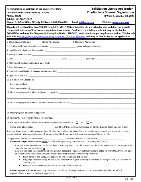 Form CSL101 Solicitation License Application - Charitable or Sponsor Organization - North Carolina
