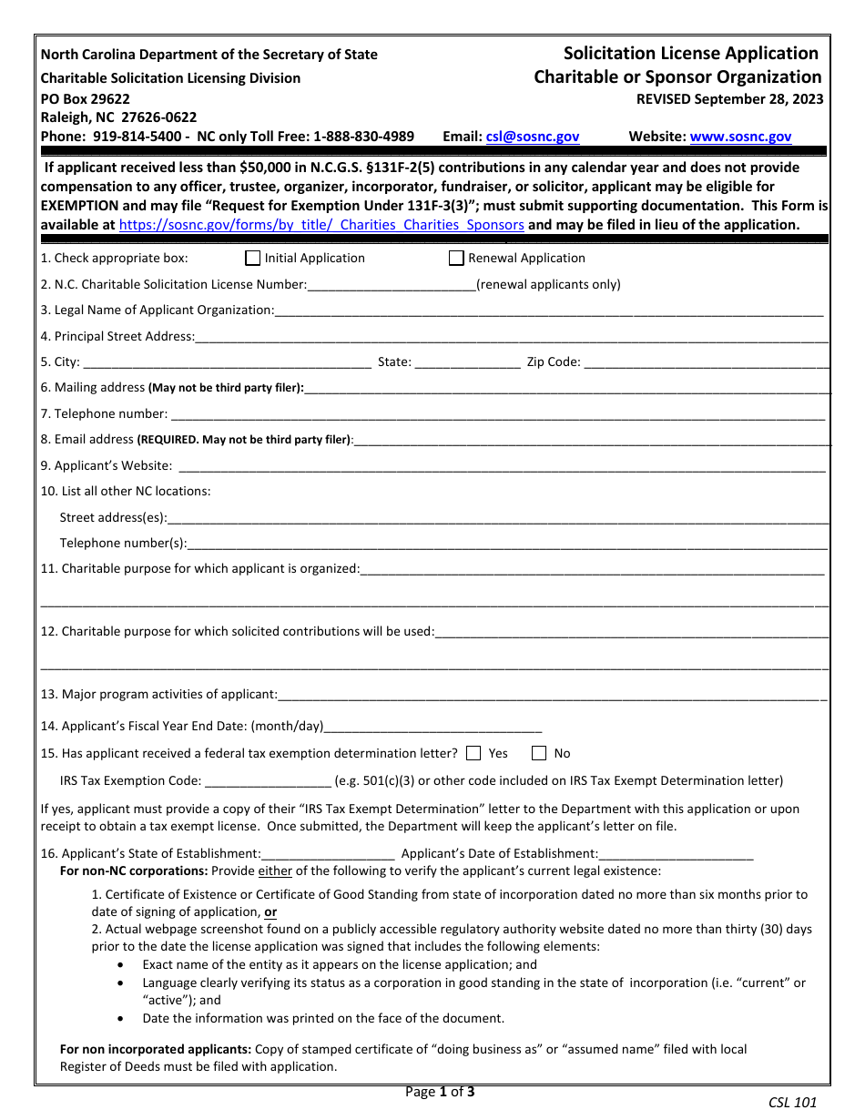 Form CSL101 Solicitation License Application - Charitable or Sponsor Organization - North Carolina, Page 1