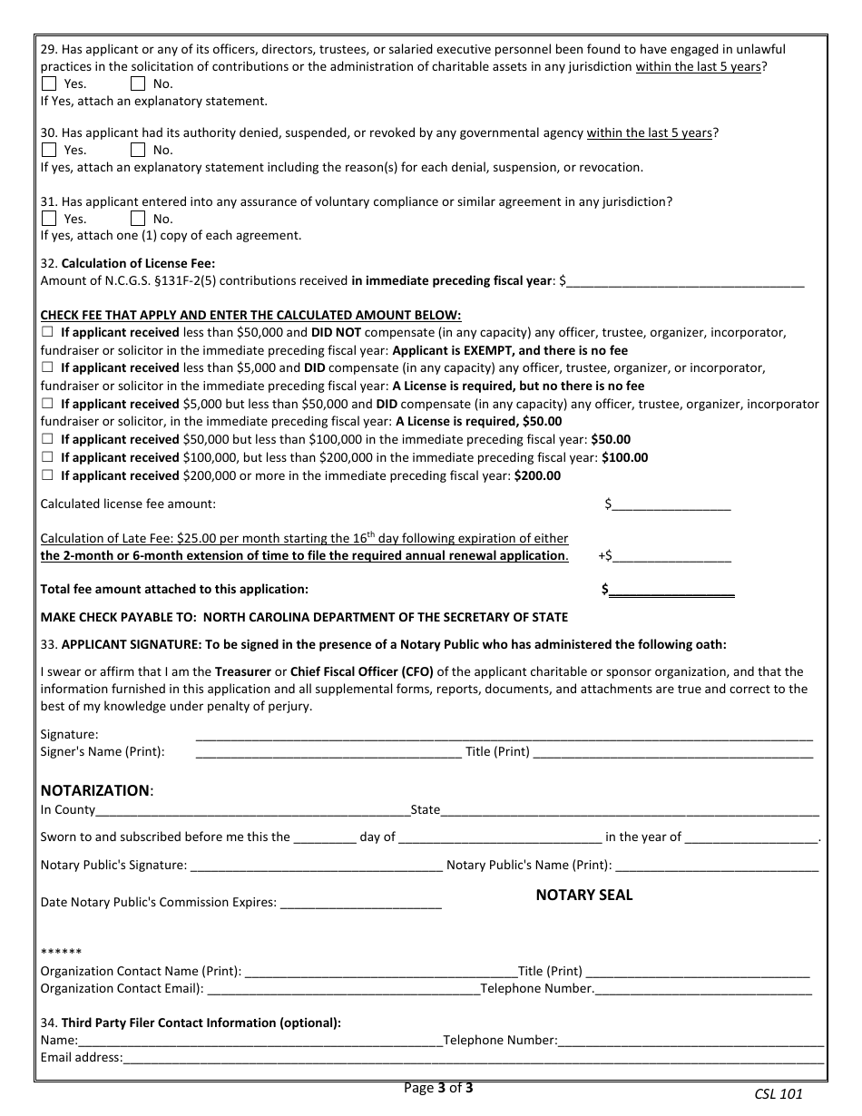 Form CSL101 - Fill Out, Sign Online and Download Printable PDF, North ...