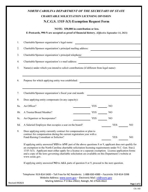 Form CSL102 N.c.g.s. 131f-3(3) Exemption Request Form - North Carolina