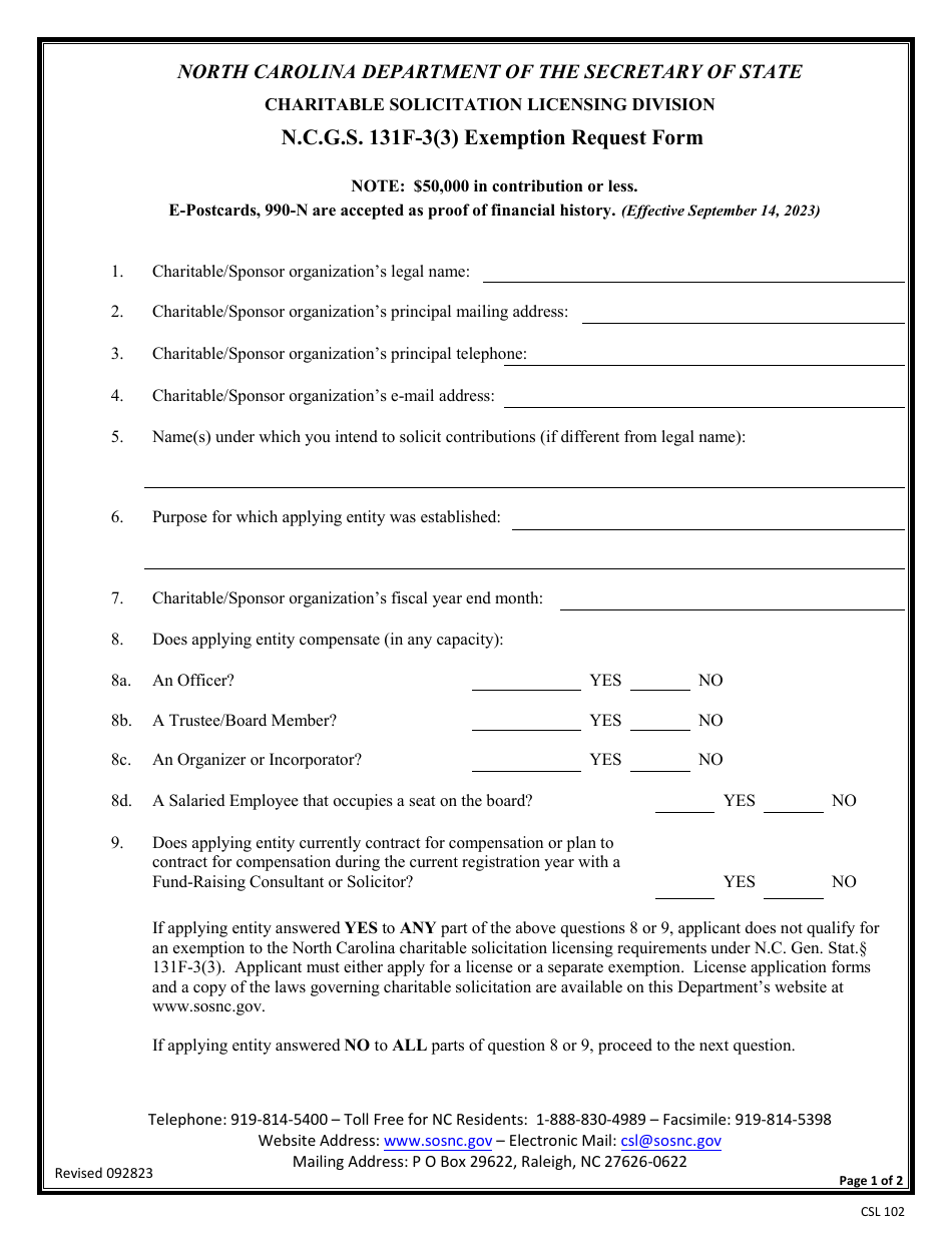 Form CSL102 - Fill Out, Sign Online and Download Fillable PDF, North ...