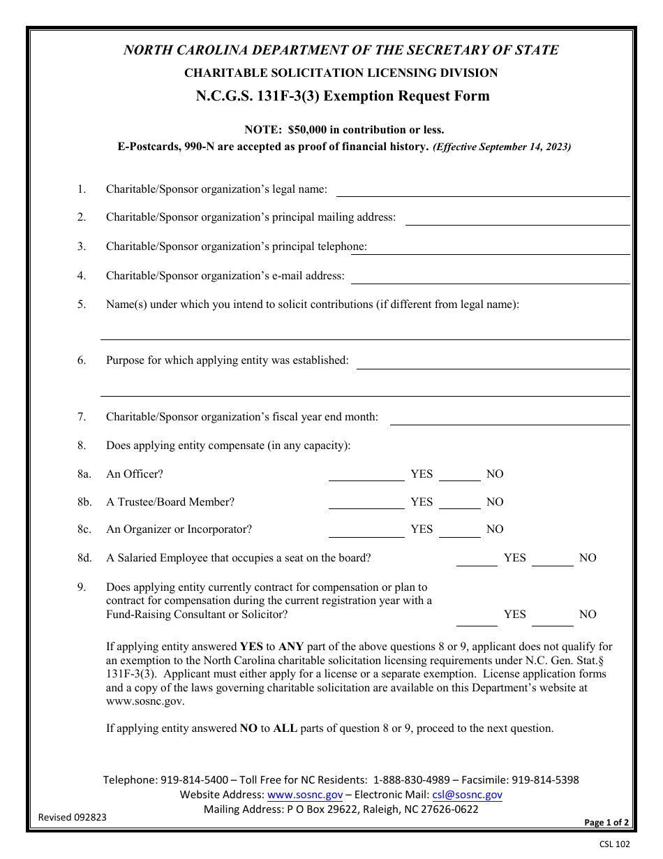 Form CSL102 N.c.g.s. 131f-3(3) Exemption Request Form - North Carolina, Page 1