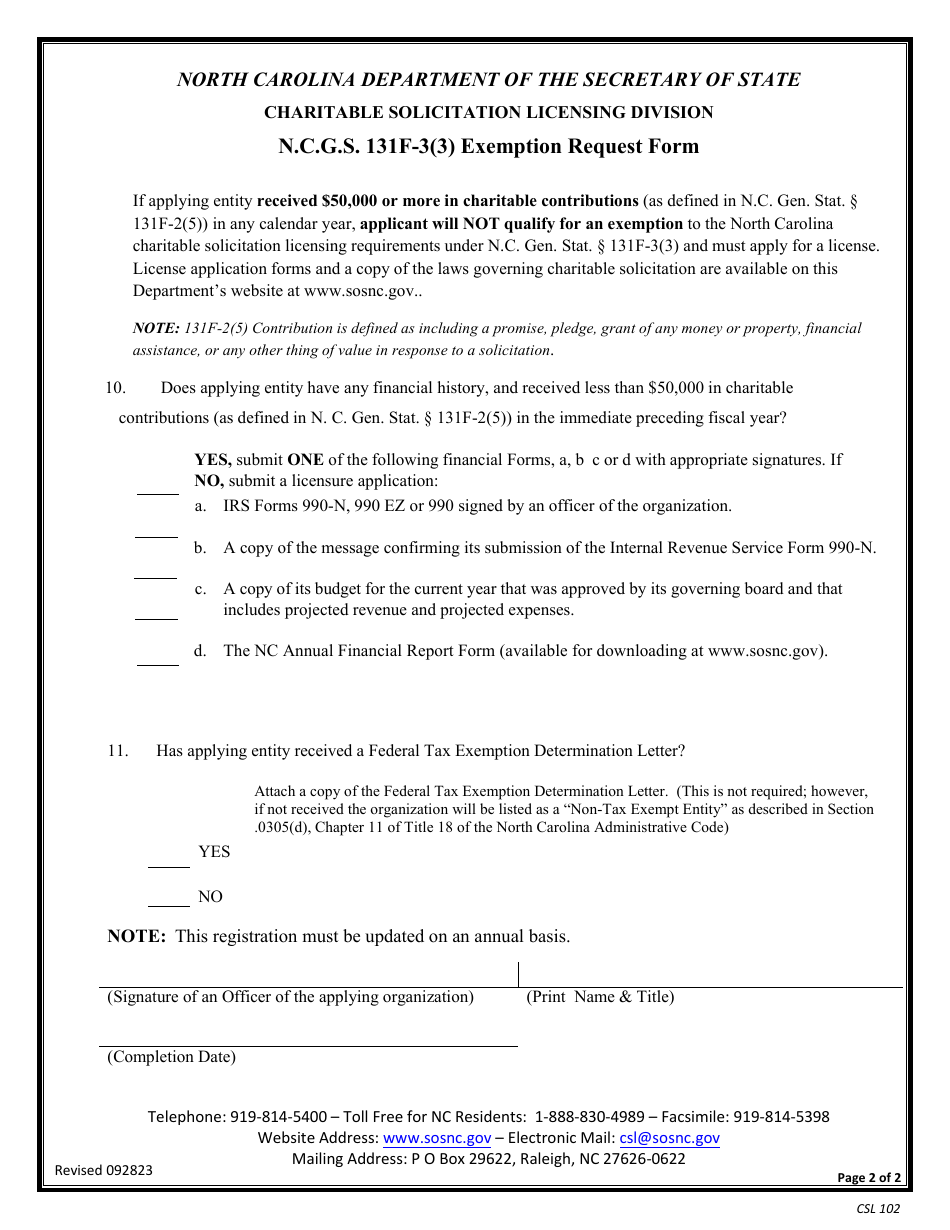 Form CSL102 N.c.g.s. 131f-3(3) Exemption Request Form - North Carolina, Page 2