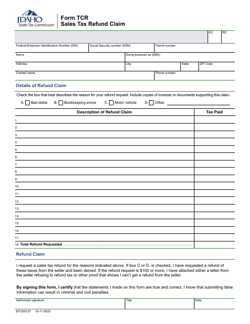 Form TCR (EFO00127) Sales Tax Refund Claim - Idaho