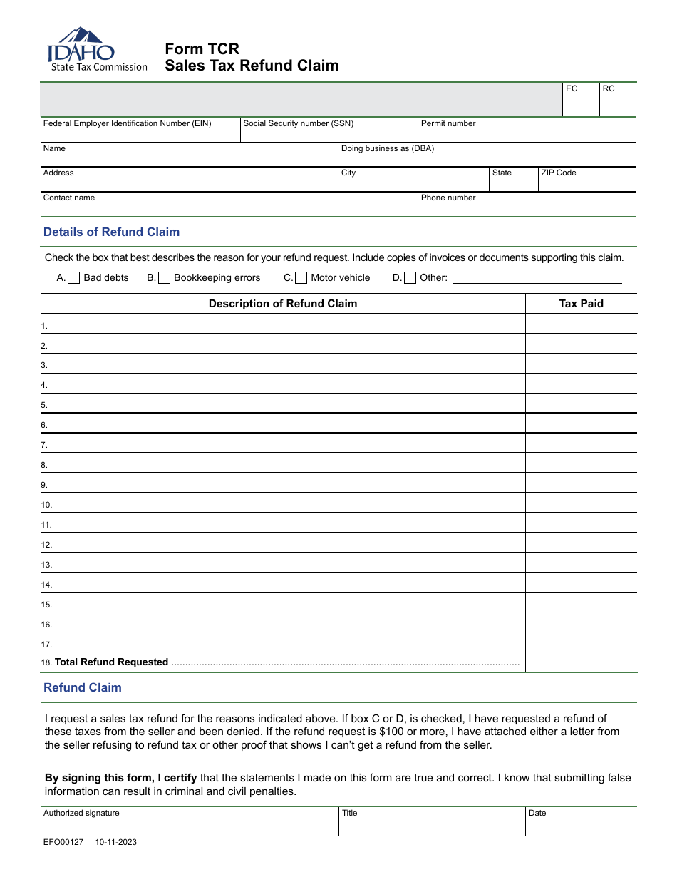 Form TCR (EFO00127) Sales Tax Refund Claim - Idaho, Page 1