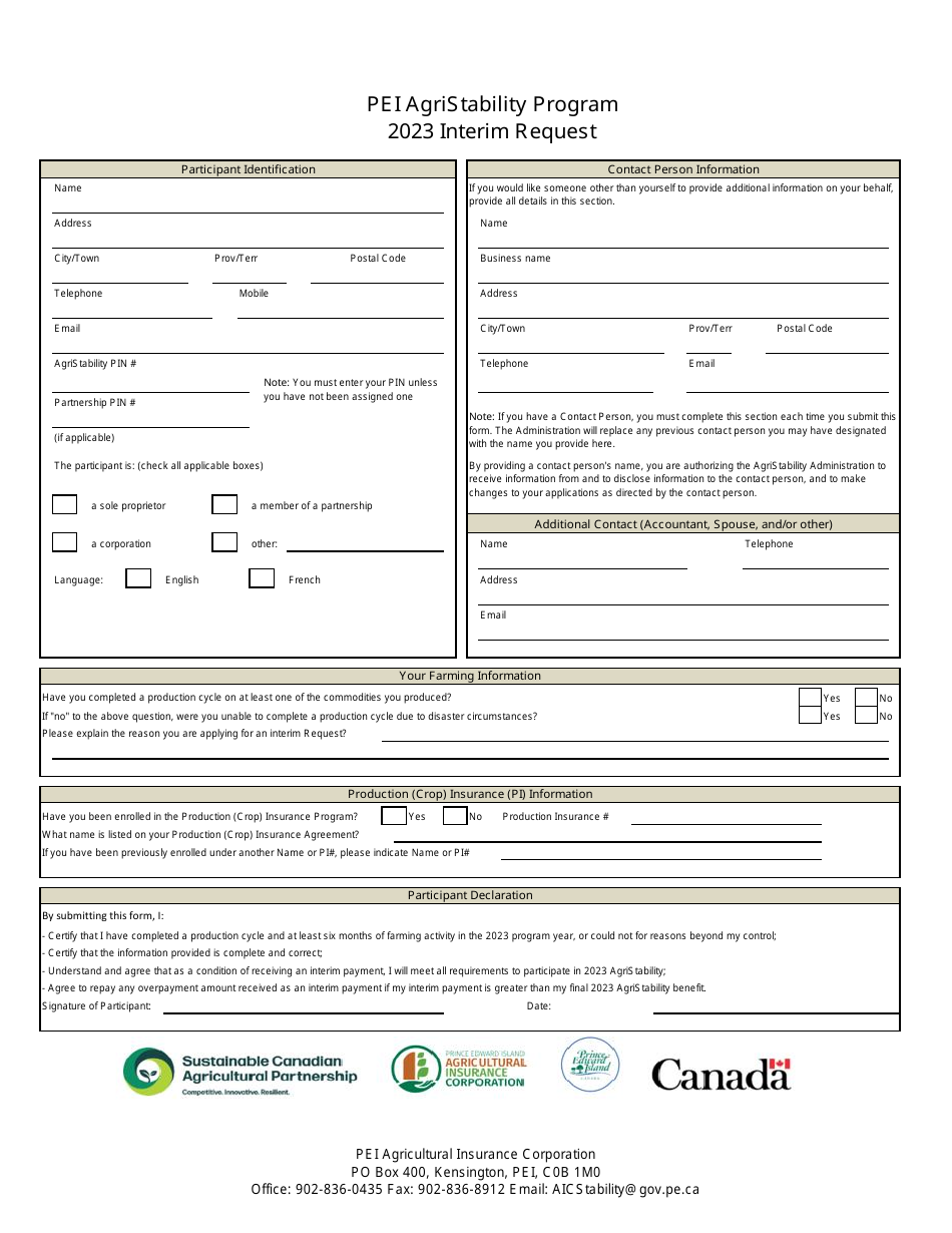 Pei Agristability Program Interim Request - Prince Edward Island, Canada, Page 1