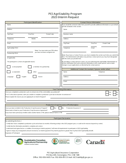 Pei Agristability Program Interim Request - Prince Edward Island, Canada, 2023