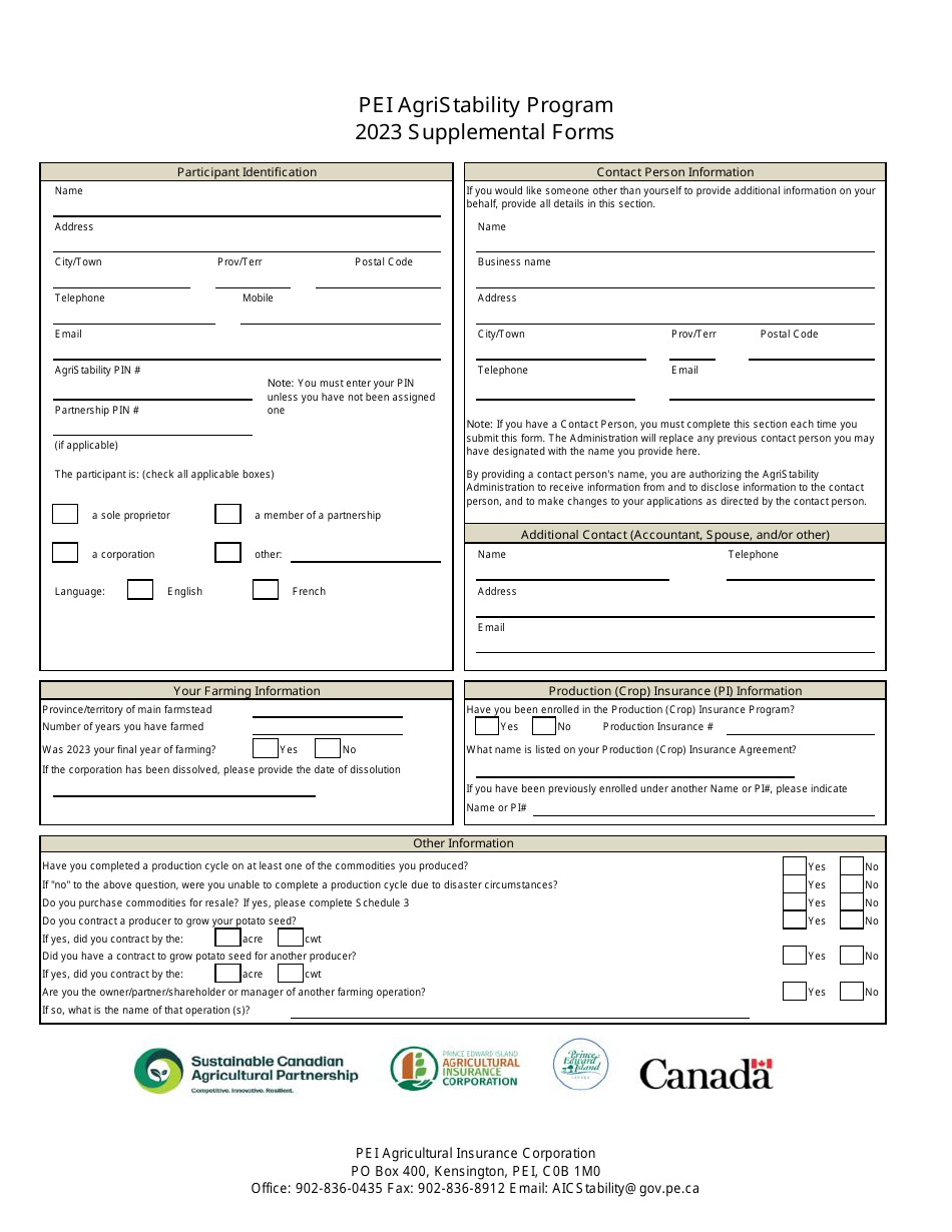 Pei Agristability Program Supplemental Forms - Prince Edward Island, Canada, Page 1