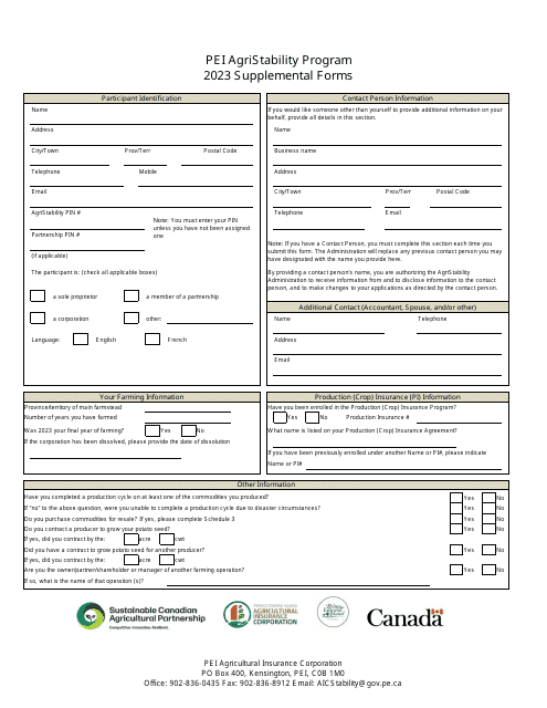 Pei Agristability Program Supplemental Forms - Prince Edward Island, Canada, 2023