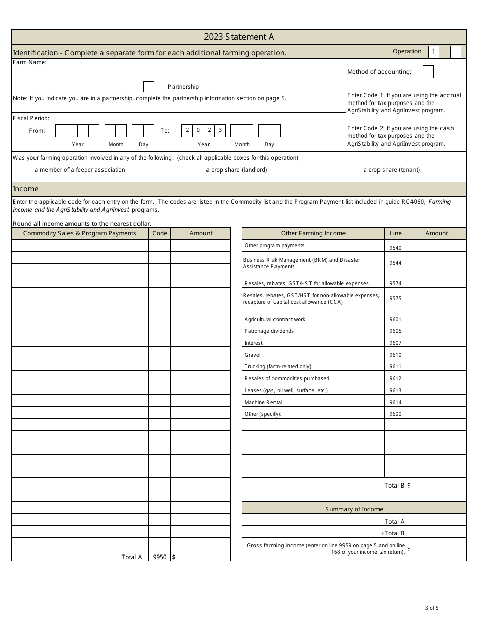 Statement a - Statement of Farming Activities for Corporations - Agristability and Agriinvest Programs - Prince Edward Island, Canada, Page 3