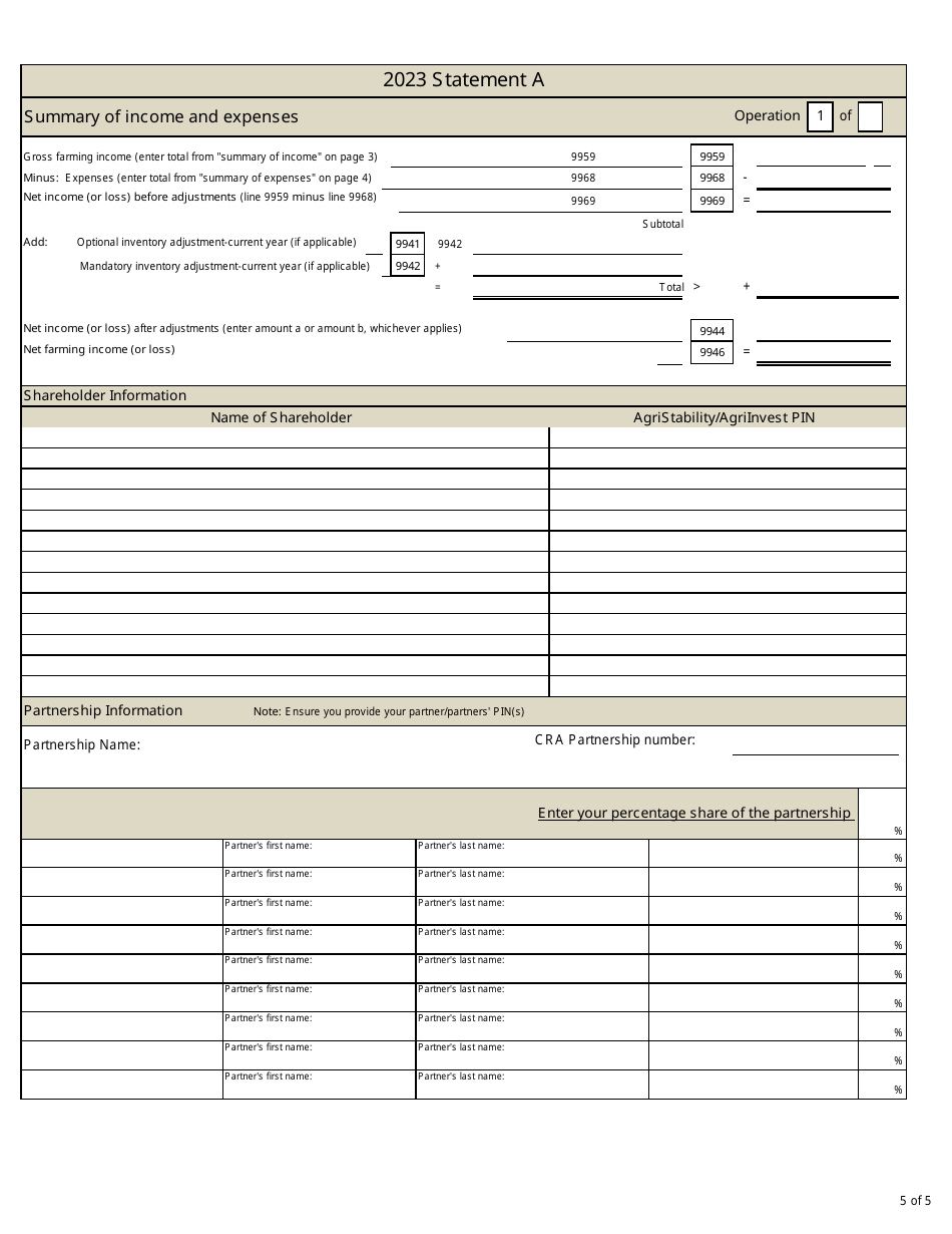 Statement a - Statement of Farming Activities for Corporations - Agristability and Agriinvest Programs - Prince Edward Island, Canada, Page 5