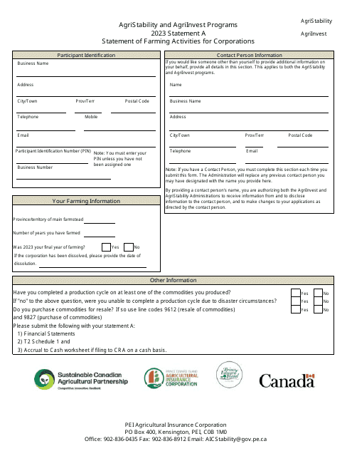 Statement a - Statement of Farming Activities for Corporations - Agristability and Agriinvest Programs - Prince Edward Island, Canada Download Pdf
