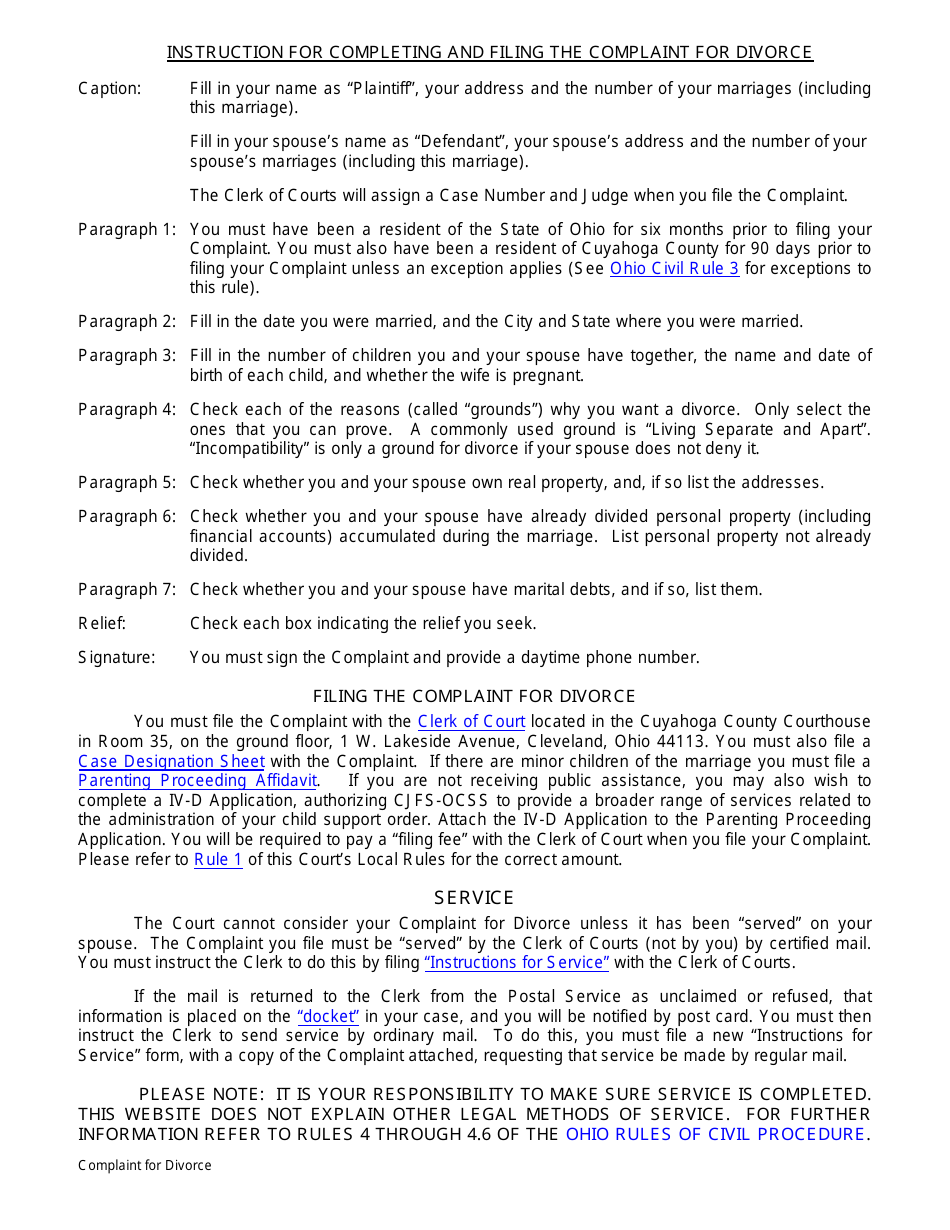 Complaint for Divorce - Cuyahoga County, Ohio, Page 1