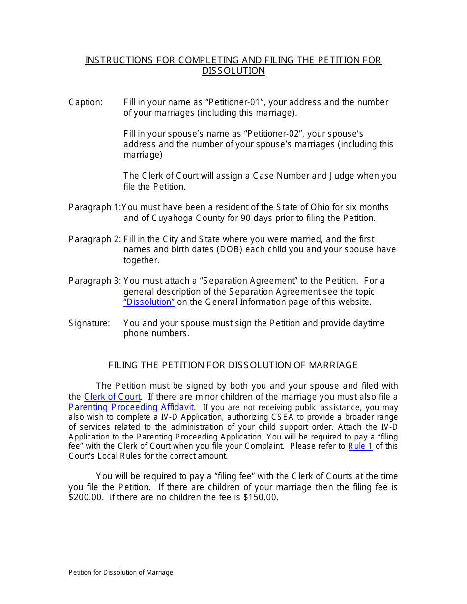 Petition for Dissolution of Marriage - Cuyahoga County, Ohio, Page 1