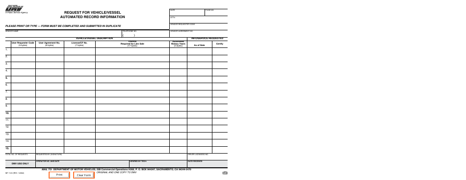Form INF1123 Request for Vehicle / Vessel Automated Record Information - California, Page 1
