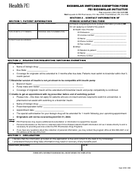 Document preview: Biosimilar Switching Exemption Form - Pei Biosimilar Initiative - Prince Edward Island, Canada