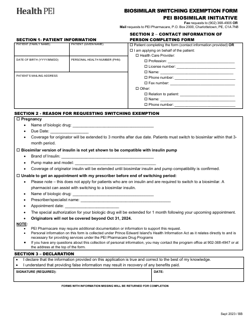 Biosimilar Switching Exemption Form - Pei Biosimilar Initiative - Prince Edward Island, Canada Download Pdf