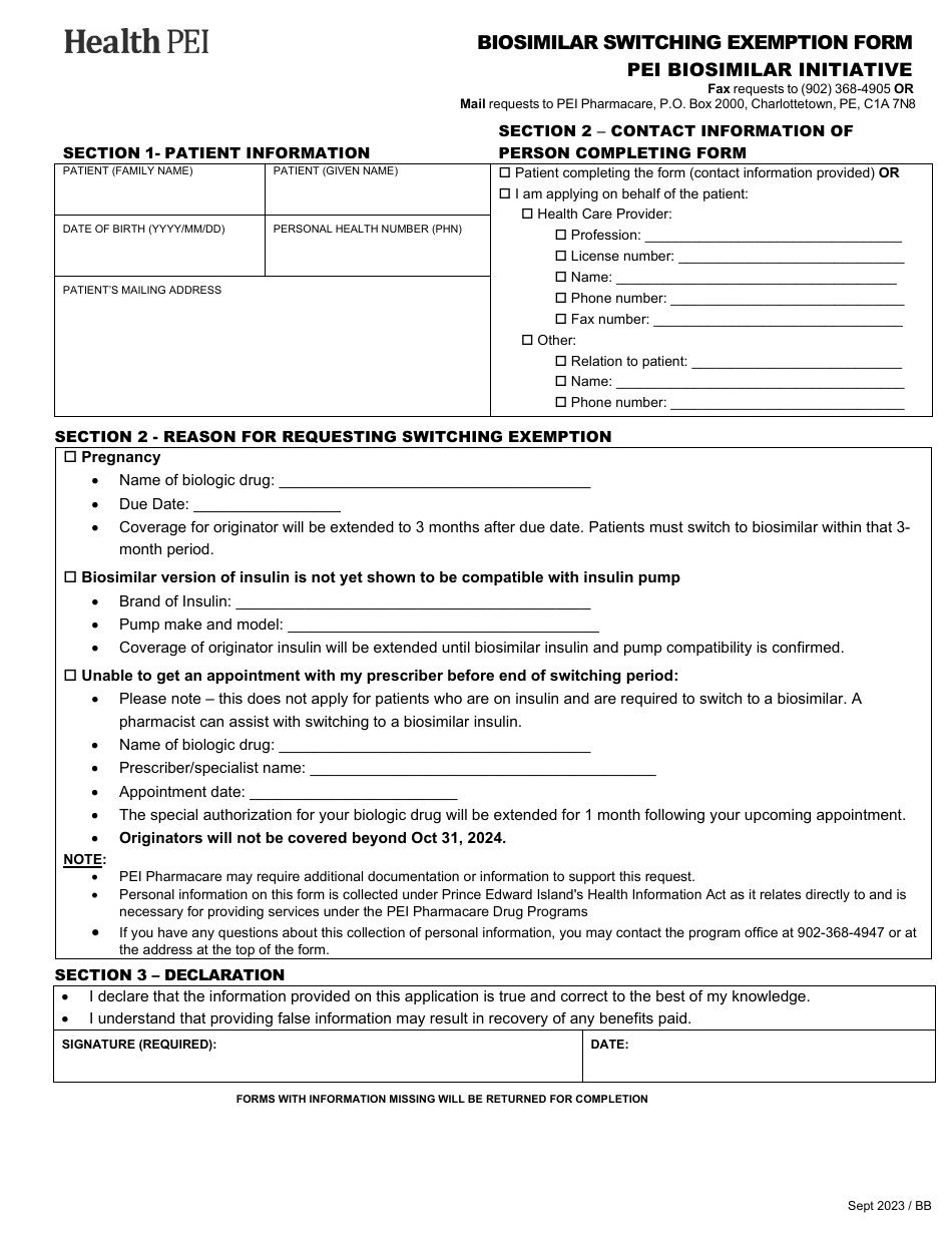 Biosimilar Switching Exemption Form - Pei Biosimilar Initiative - Prince Edward Island, Canada, Page 1