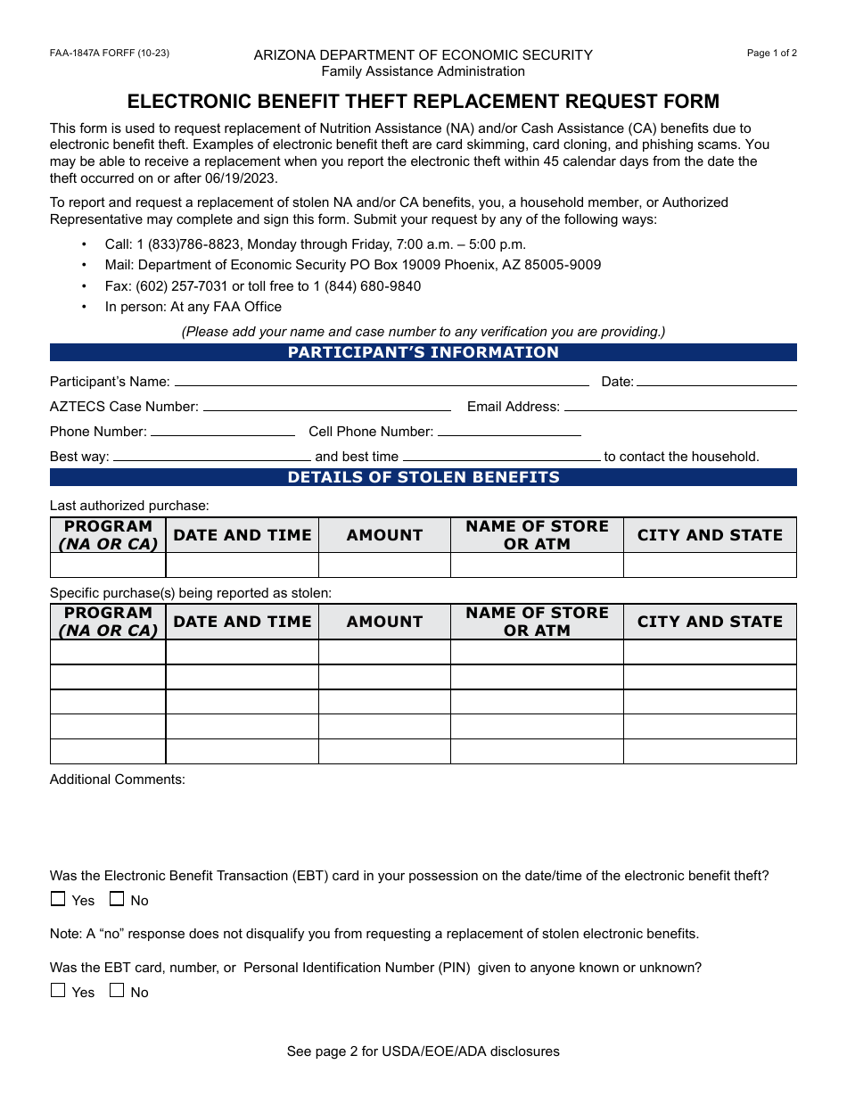 Form 1847A Electronic Benefit Theft Replacement Request Form - Arizona, Page 1