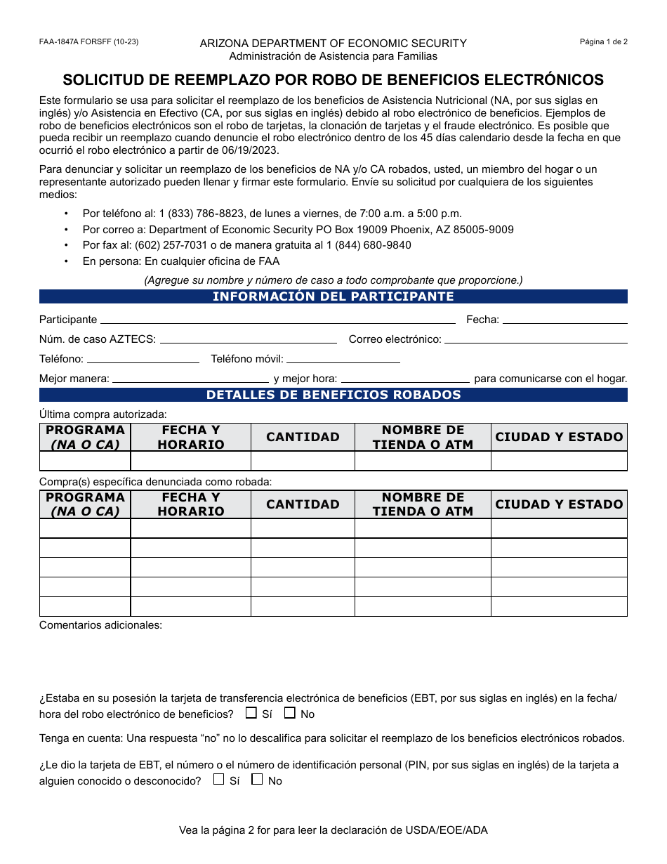 Formulario FAA-1847A-S Solicitud De Reemplazo Por Robo De Beneficios Electronicos - Arizona (Spanish), Page 1