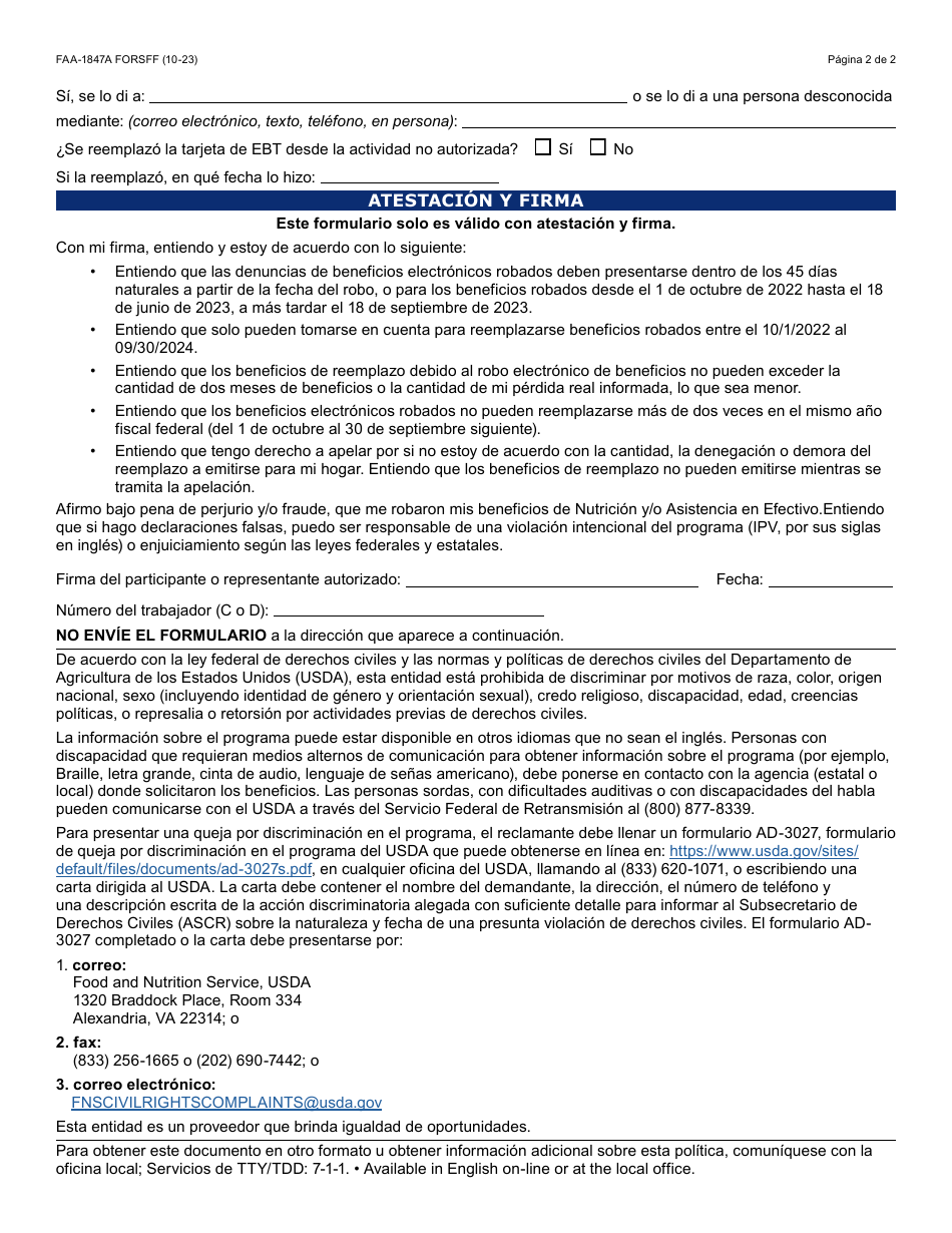 Formulario FAA-1847A-S Solicitud De Reemplazo Por Robo De Beneficios Electronicos - Arizona (Spanish), Page 2