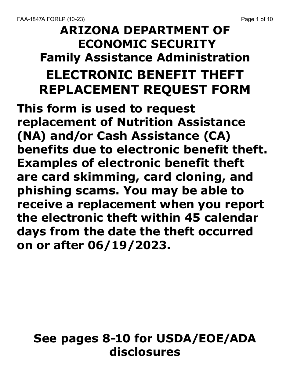 Form FAA-1847A-LP Electronic Benefit Theft Replacement Request Form (Large Print) - Arizona, Page 1