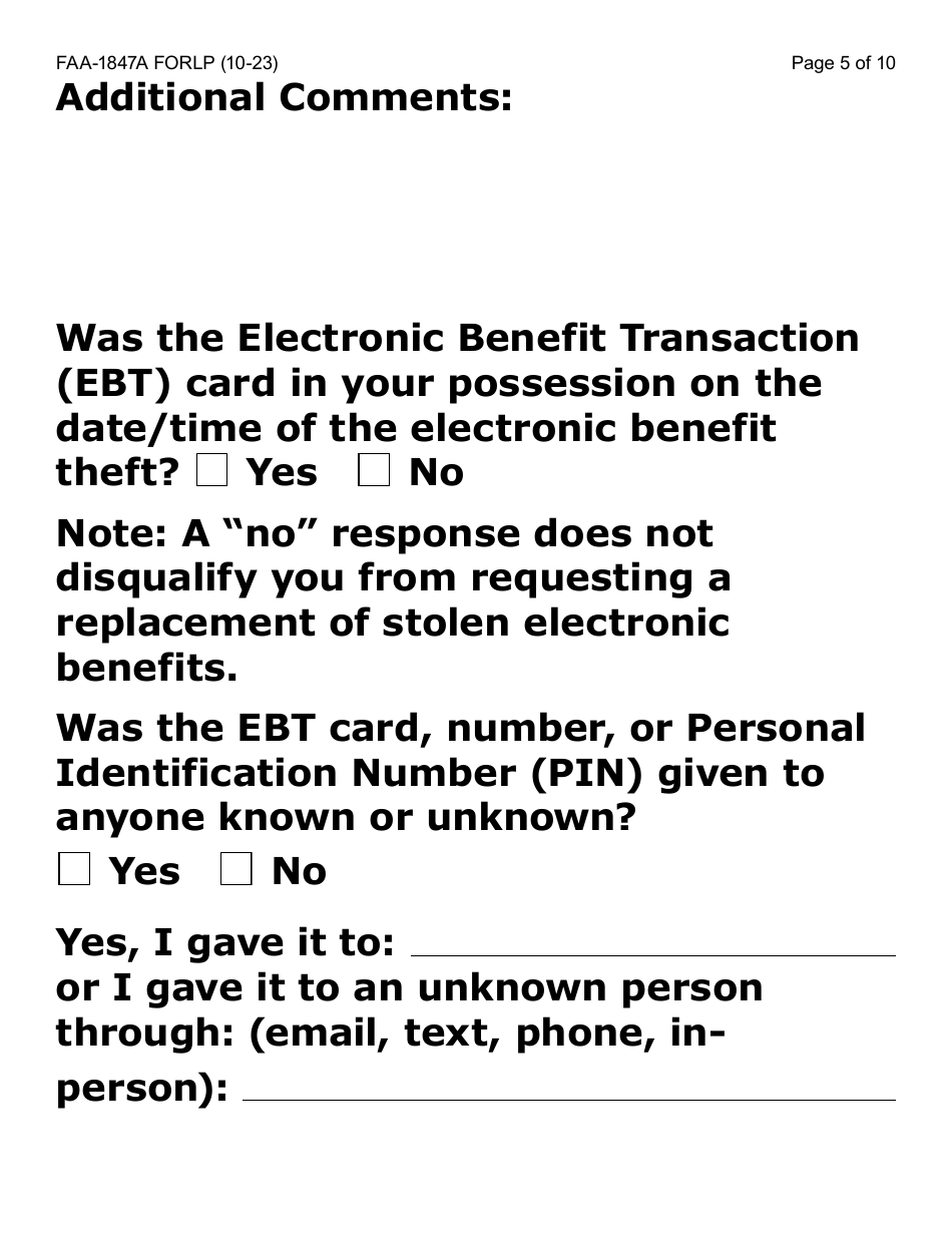 Form FAA-1847A-LP Electronic Benefit Theft Replacement Request Form (Large Print) - Arizona, Page 5