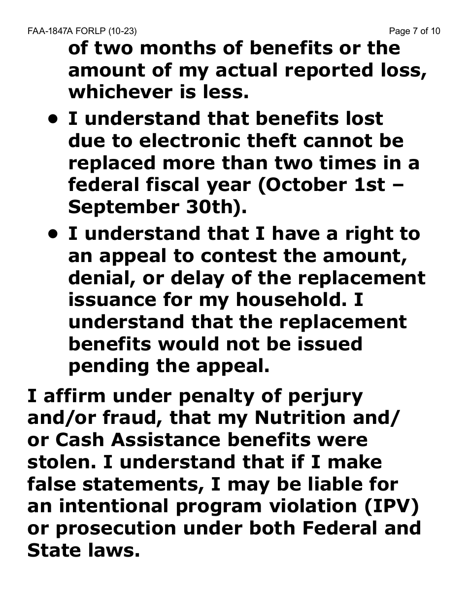 Form FAA-1847A-LP Electronic Benefit Theft Replacement Request Form (Large Print) - Arizona, Page 7