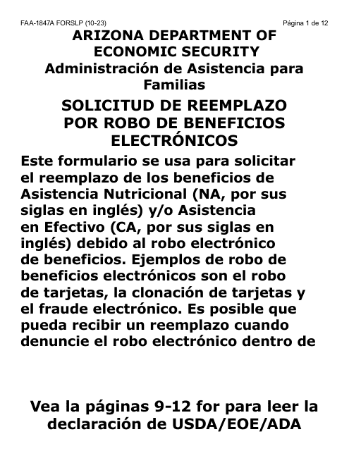 Formulario FAA-1847A-SLP Solicitud De Reemplazo Por Robo De Beneficios Electronicos (Letra Grande) - Arizona (Spanish)