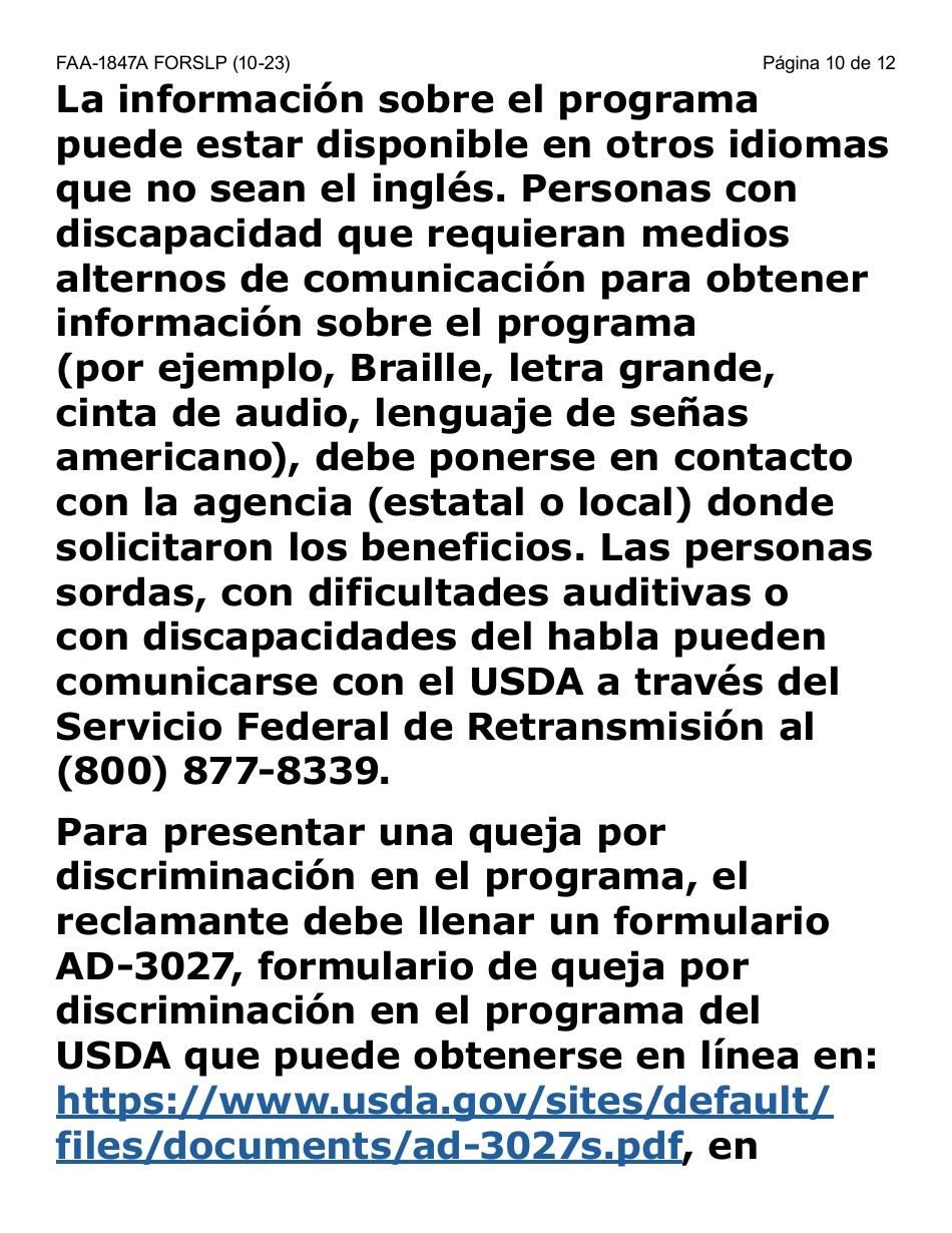Formulario FAA-1847A-SLP Solicitud De Reemplazo Por Robo De Beneficios Electronicos (Letra Grande) - Arizona (Spanish), Page 10