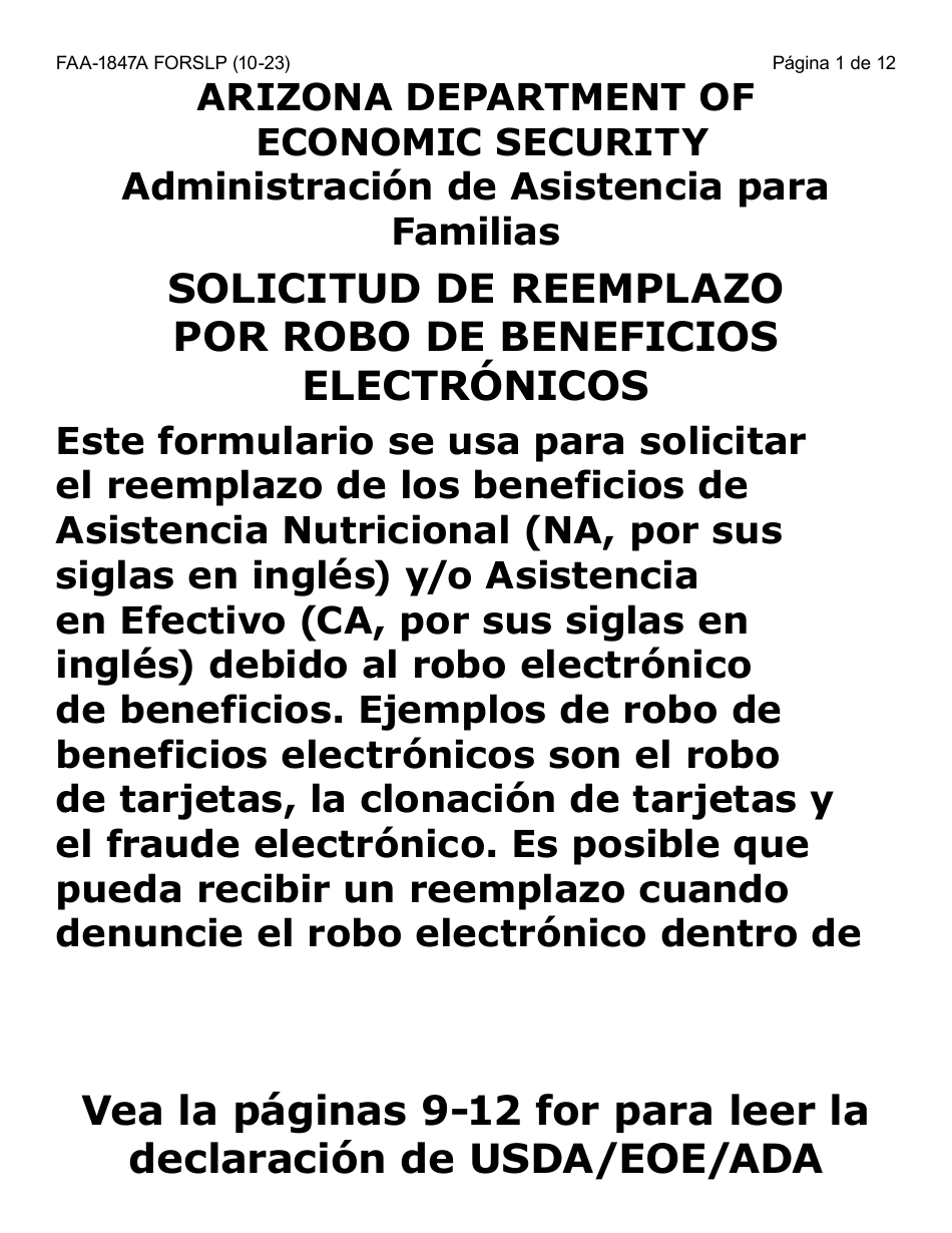 Formulario FAA-1847A-SLP Solicitud De Reemplazo Por Robo De Beneficios Electronicos (Letra Grande) - Arizona (Spanish), Page 1